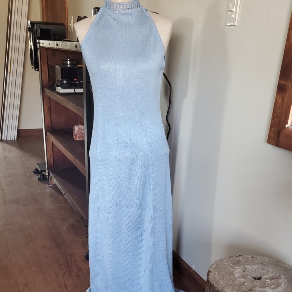 Vintage Baby blue maxi knit crochet dress